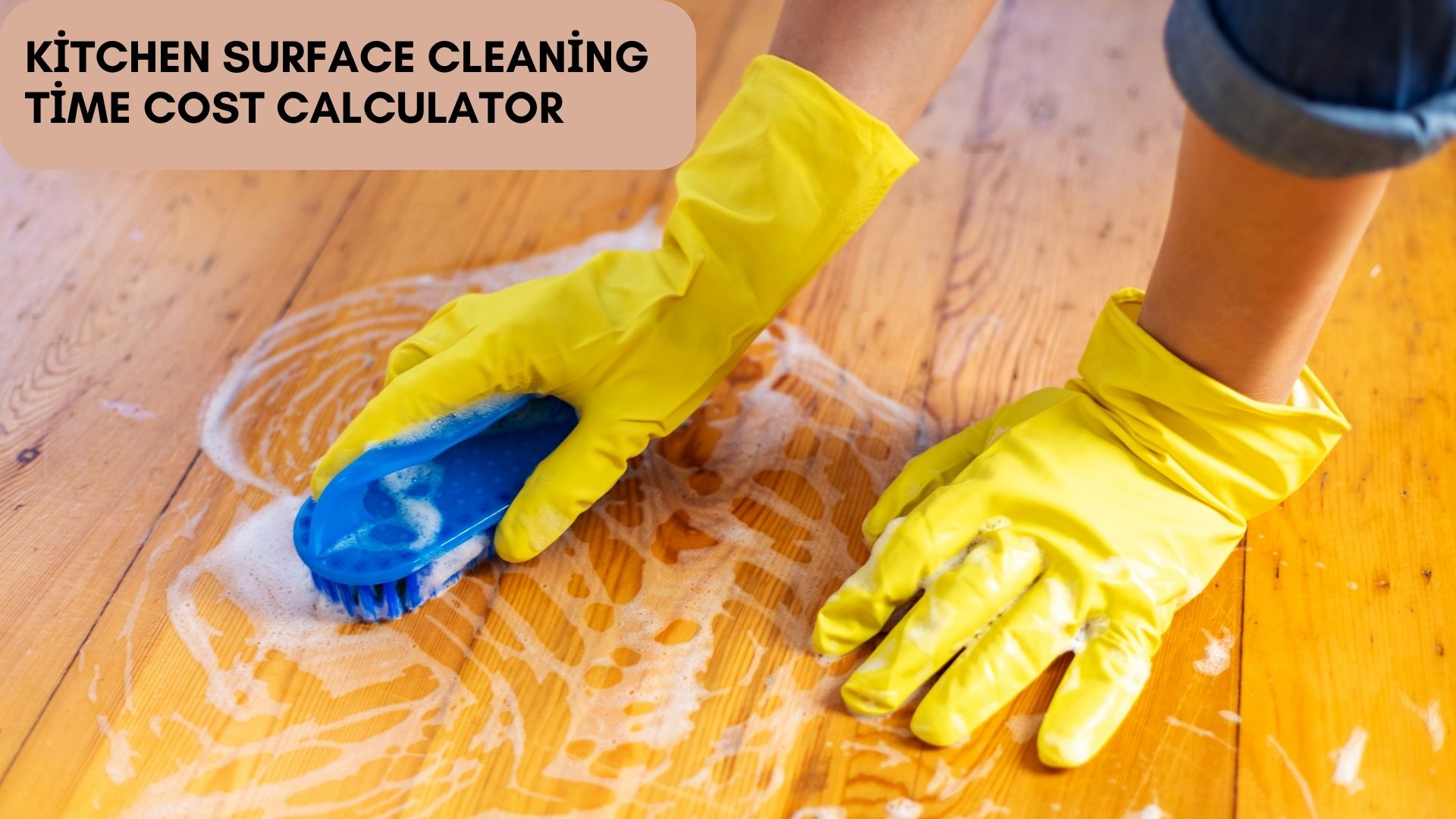 Person cleaning kitchen surfaces with a timer in the background