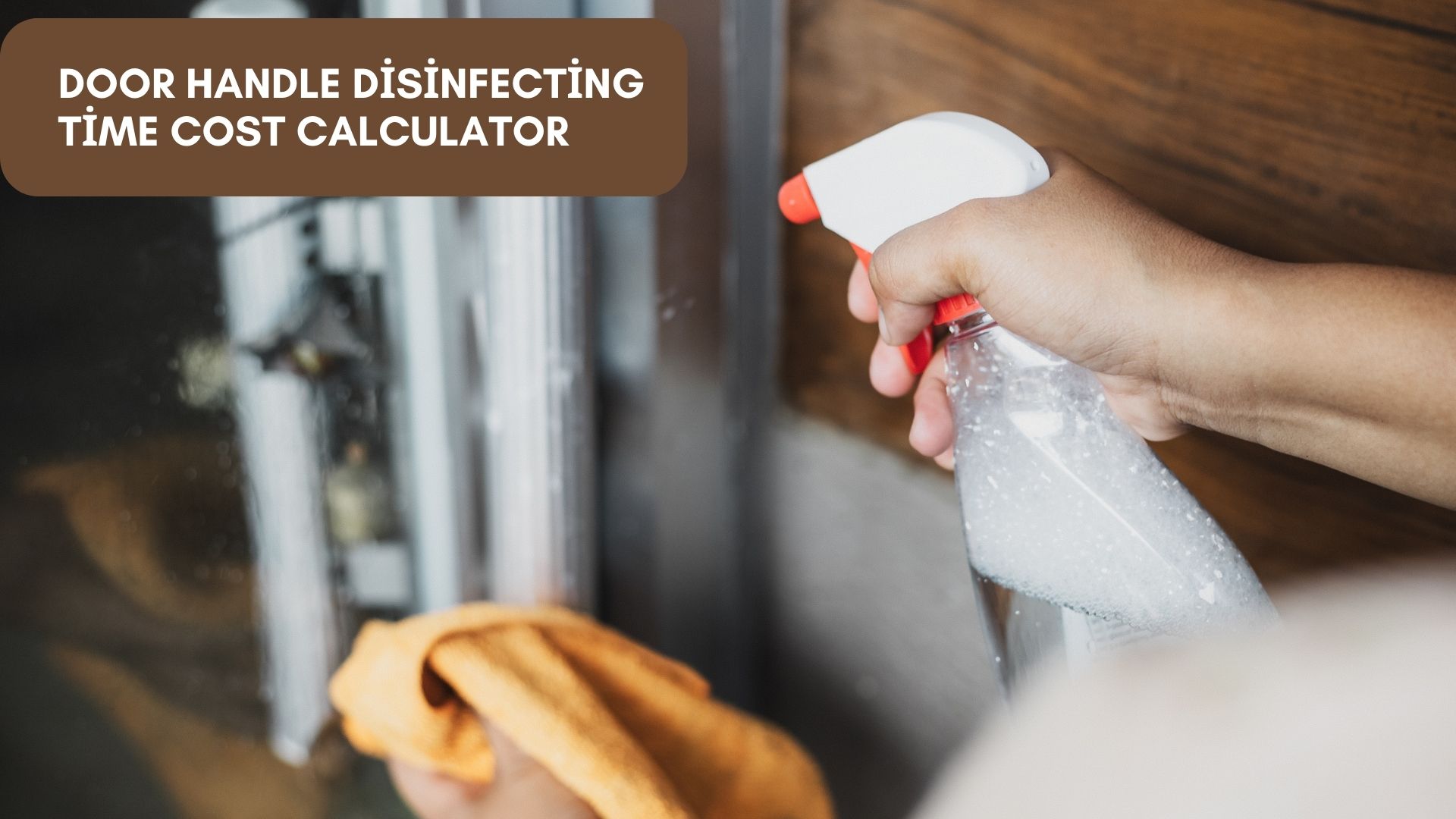 Person disinfecting a door handle with a cleaning spray