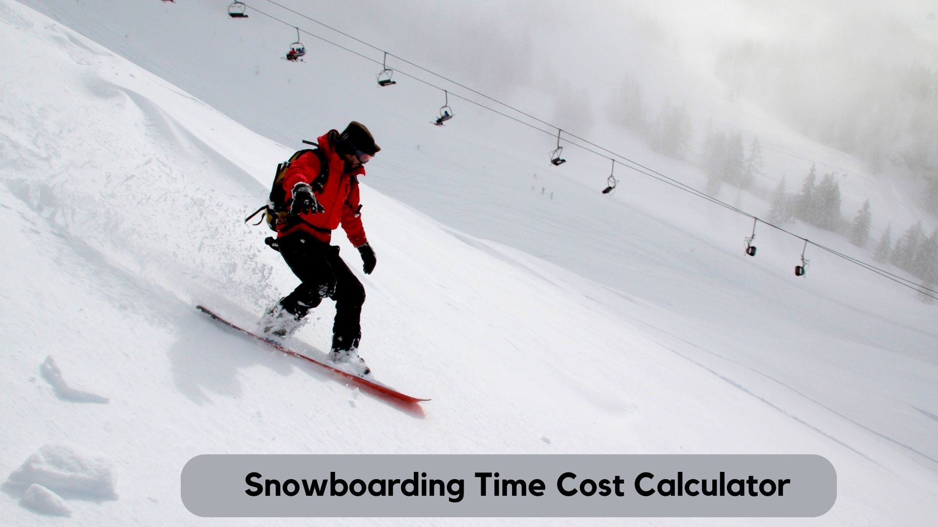 A snowboarder gliding down a snowy slope, planning their sessions using the Snowboarding Time Cost Calculator